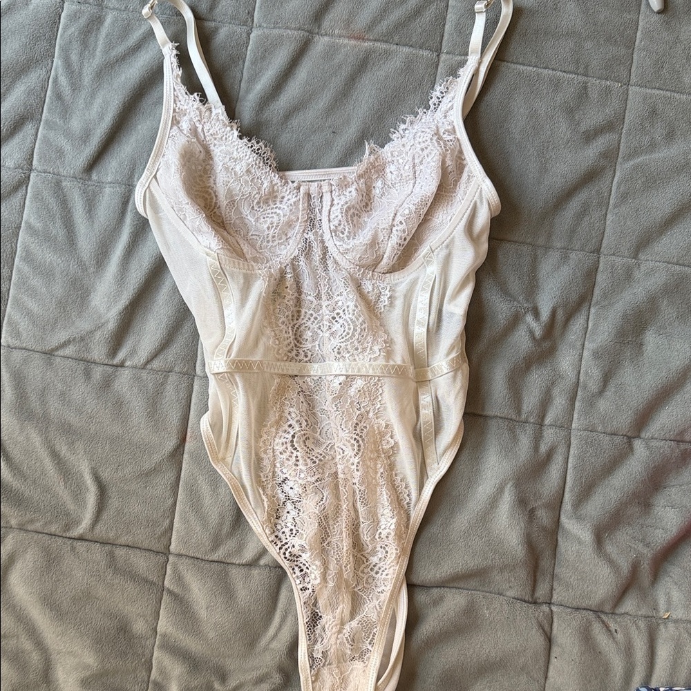 Lace One-Piece Bodysuit in Light Beige